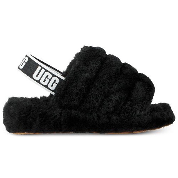 UGG Shoes - UGG Fluff Yeah Black White Fuzzy Slides Slippers